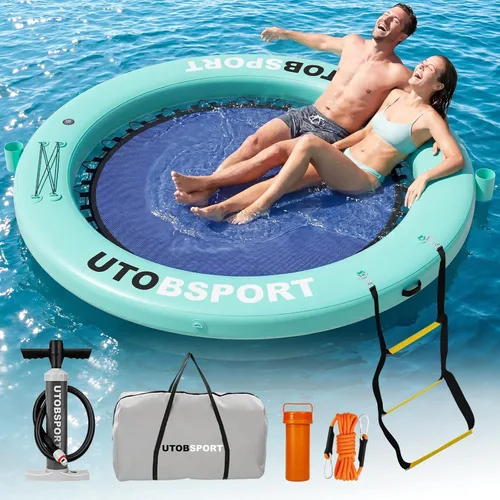 Miniatura 7 de Inflatable Water Hammock Floating Dock 8FT / 10FT Water Floating Island Raft for Lake Boat Pool Ocean Adults Kids, with W/Cupholder & Pump Azul