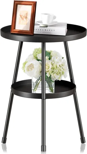Miniatura 7 de SYQ Mesa auxiliar redonda de metal pequeña para interiores y exteriores, decoración moderna de mediados de siglo, mesa decorativa circular simple
