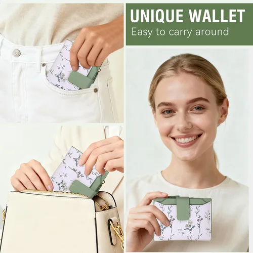 Miniatura 6 de Cartera Pequeña para Mujer - Cuero Suave con Bloqueo RFID Bifold con Cremallera para Tarjetas de Crédito - Cartera con Patrón Floral con Ventana
