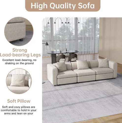 Miniatura 8 de Sofá modular modular de 3 plazas, terciopelo moderno con funda de cojín extraíble y lavable para espacios pequeños, marco de madera maciza, 108.66