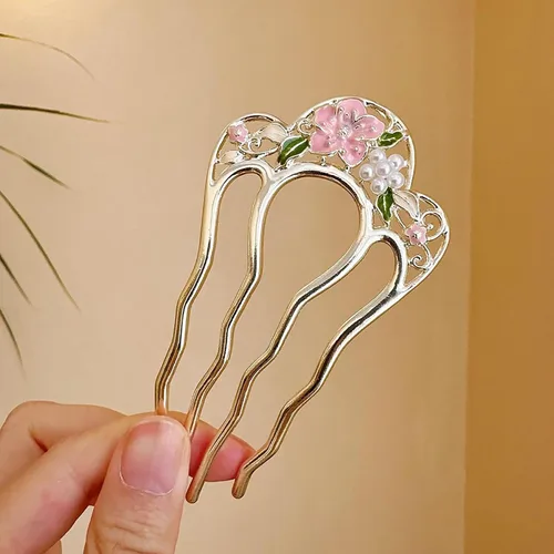 Miniatura 4 de Paquete de 2 horquillas con patrón de flores en forma de U para moños, palillos creativos de 4 puntas, dientes de metal, pinzas de horquilla
