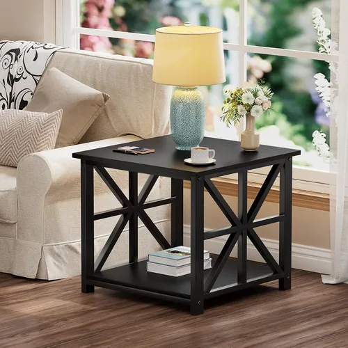 Miniatura 9 de GreenForest - Mesa de noche con estante de almacenamiento de 2 niveles, mesa auxiliar grande de 61 cm para sala de estar, mesita moderna para Negro