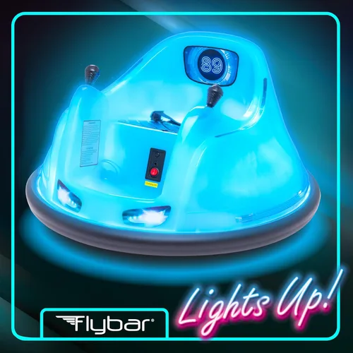 Miniatura 3 de Flybar Coche de parachoques azul brillante de 6V para niños – Juguete montable LED con giro de 360°, batería recargable y parachoques de goma suave