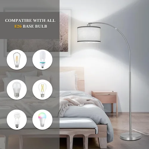 Miniatura 4 de Lámpara de pie de arco plateada para sala de estar, lámpara de pie moderna con cabeza ajustable, lámpara de poste alto con interruptor de pedal