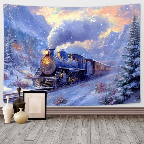 Miniatura 19 de Tapiz de Tren de Vapor, Tapices de Paisaje Otoñal de Tren de Motor Antiguo Decoración para Niños, Tapices de Arte de Acuarela de Bosque de Montaña