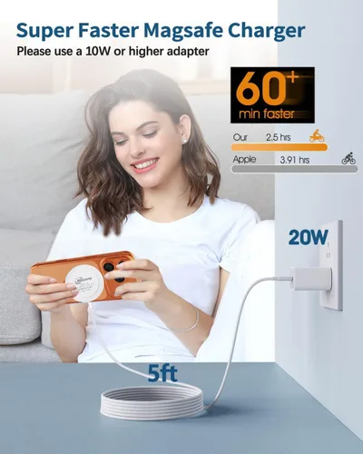 Miniatura 5 de Paquete de 2 cargadores inalámbricos magnéticos, almohadilla de carga rápida de 15 W con adaptador de enchufe PD de 20 W, cable USB C de 5 pies