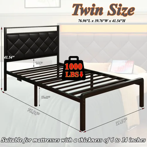 Miniatura 2 de Base de cama individual con estación de carga, luz LED y cabecera tapizada de piel sintética, base de cama de plataforma con almacenamiento debajo