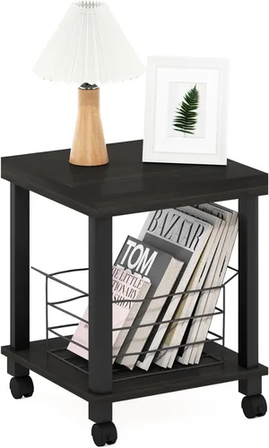 Miniatura 18 de Furinno Turn-N-Tube - Mesa auxiliar rectangular de 2 niveles con ruedas, mesita de noche de esquina redonda, mesita de noche con estante abierto