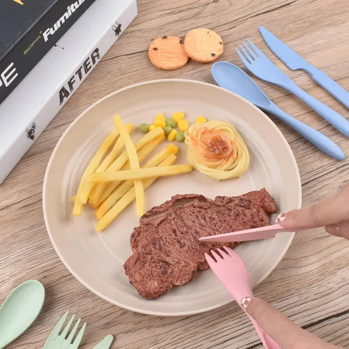 Miniatura 6 de Juego de tenedores, cucharas y cuchillos, juego de cubiertos de paja de trigo, juego de cubiertos reutilizables para 4, utensilios para fiesta