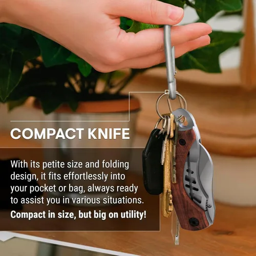 Miniatura 6 de Cuchillo de bolsillo pequeño para hombres – Cuchillo de llavero de 5.7 pulgadas con abridor de botellas – Cortador de cajas – Mango de madera