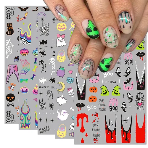 Miniatura 9 de 8 hojas de calcomanías de uñas de Halloween con diseños de fantasmas lindos, calabaza, araña, telaraña, sangre, llama 3D, autoadhesivas, Otoño