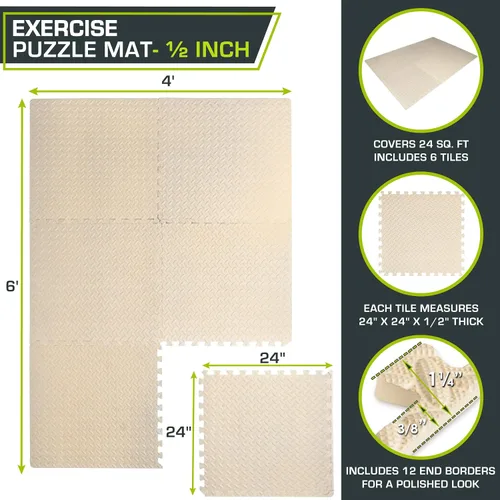 Miniatura 2 de ProsourceFit - Tapete de ejercicio tipo rompecabezas de ½ pulgada, losetas de espuma EVA entrelazadas para gimnasio en casa, para niños, crema, 24 x