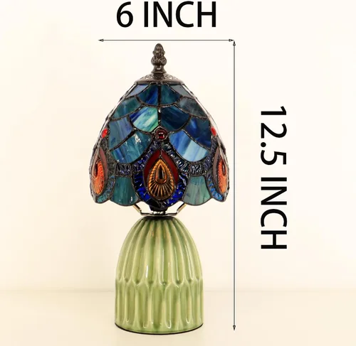 Miniatura 2 de Tiffany Stained Glass Mushroom Table Lamp 12.5 Inch -Blue Peacock Tiffany Lamp,6X6X12.5 Inch,Small Night Light,Ceramic Base, Mini Accent Light