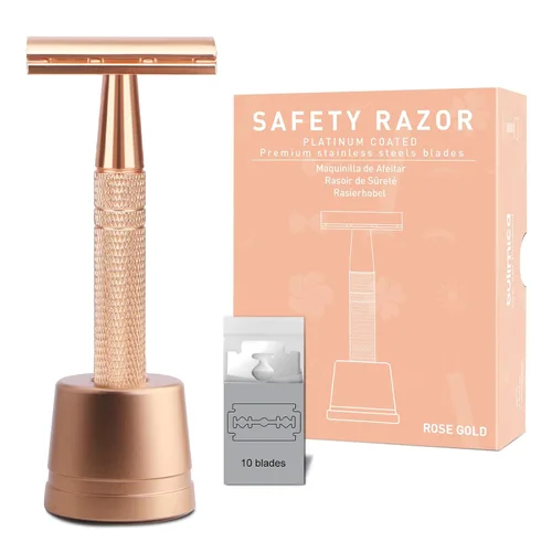 Miniatura 19 de Maquinilla de afeitar de seguridad azul, navajas de una sola hoja para hombres Reusable Metal Razor, with 10 Platinum Coated Double Edge Blades