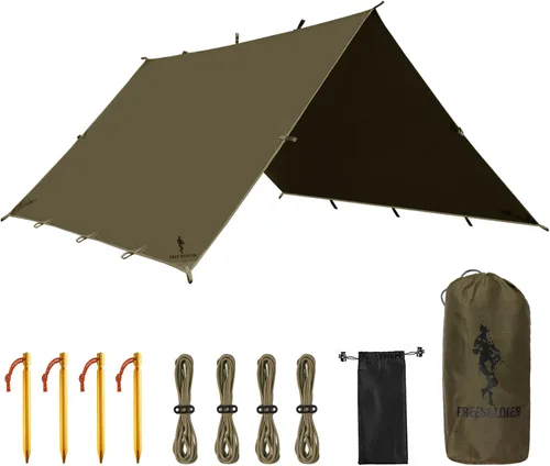 Miniatura 10 de FREE SOLDIER Lona impermeable portátil multifuncional para exteriores, camping, viajes; toldo de mochilero, refugio contra la lluvia Verde oscuro