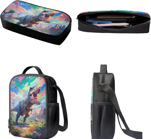 Miniatura 23 de HUGS IDEA Juego de 3 bolsas escolares con aislamiento térmico para el almuerzo, estuche para lápices