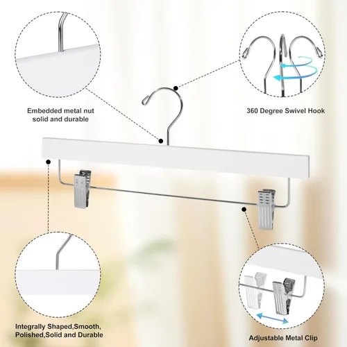 Miniatura 2 de Quality Hangers Perchas de madera para pantalones, paquete de 20 ganchos giratorios para ropa, falda de madera de loto, pantalones, pantalones Blanco