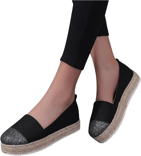 Hbeylia Alpargatas de plataforma para mujer, transpirables, de algodón y lino, con purpurina, con lentejuelas, puntera cerrada, zapatos de tacón