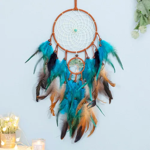 Miniatura 7 de Atrapasueños Árbol de la Vida Azul con Plumas, Luces de Hadas LED Móviles Hechas a Mano Tradición India Red Circular para Decoración Colgante