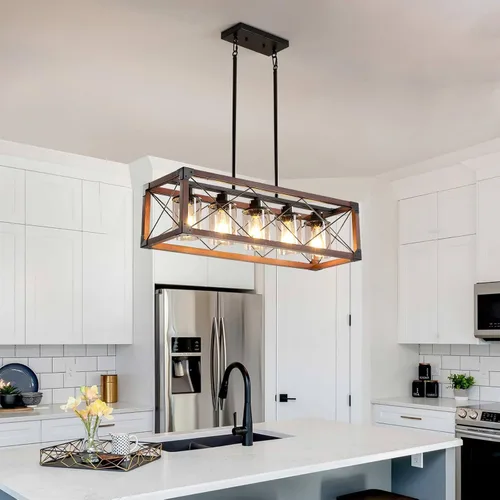 Miniatura 6 de Lámparas colgantes rústicas de casa de campo, candelabros para comedor y cocina, accesorios de luz de isla de 5 luces, candelabro de madera sobre