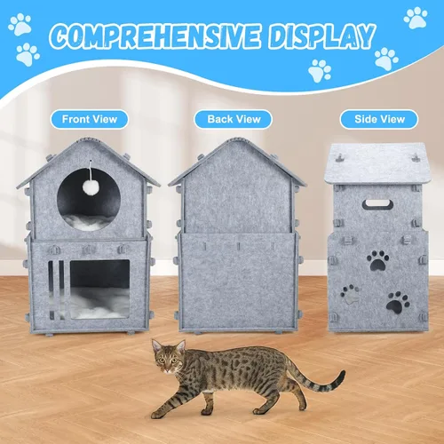 Miniatura 6 de Casa desmontable de 2 plantas para gatos de interior, camas cubiertas y muebles con acolchado lavable, bonito condominio moderno para mascotas