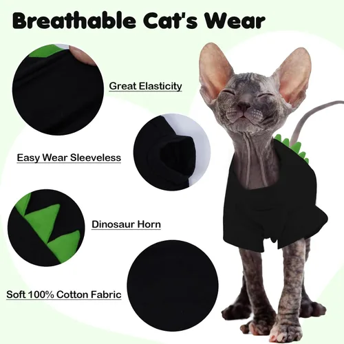 Miniatura 6 de DENTRUN Sphynx - Ropa de gato, lindo diseño de dinosaurio, disfraz de gato sin pelo, camisas de algodón transpirable, ropa de gato solo para gatos