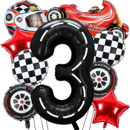 Miniatura 9 de Piokio 9 globos de auto de carreras, globos negros número 1 a cuadros para decoración de fiesta temática de primer cumpleaños de carreras