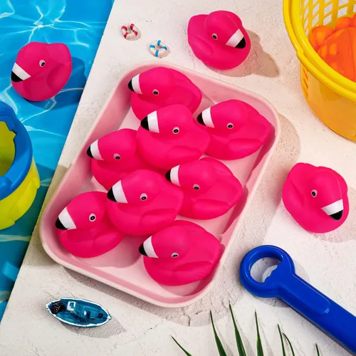 Miniatura 3 de Patos de goma flamencos para niños, 24 juguetes de baño de pato flamenco rosa, lindos patos de goma flotantes chirriantes para baby shower