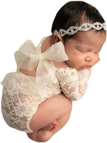 Miniatura 15 de Traje de fotografía para bebé, traje de encaje para recién nacido, sesión de fotos, diadema de flores, disfraz de princesa beige a