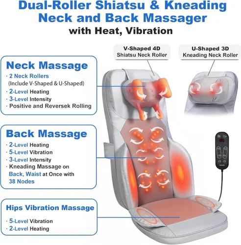 Miniatura 3 de Cojín de masaje Shiatsu para cuello y espalda con calor - Amasamiento 4D y vibración para alivio muscular, diseño de doble cuello, intensidad