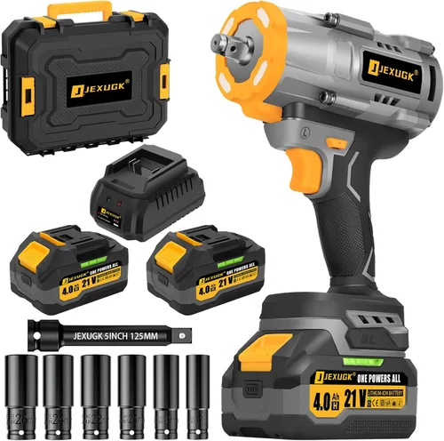 JEXUGK Llave de impacto inalámbrica de 1600 Nm, pistola de impacto de 21 V 1/2 pulgada y 1180 pies-libras con 2 baterías de 4.0 Ah, Pistola De