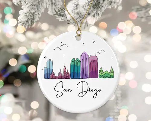 Adorno de San Diego, adorno de Navidad con puntos de referencia, colorido gráfico de horizonte de ciudad, nuevos regalos para Navidad impresos en