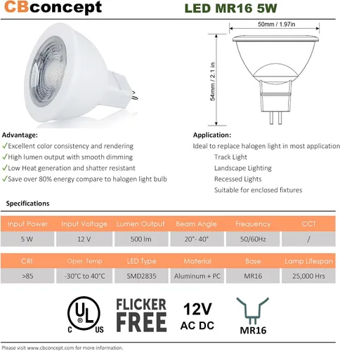 Miniatura 4 de CBConcept - Foco LED MR11 GU4.0, de 2 W, 165 lúmenes, equivalente a focos halógenos de 20 W, con un ángulo del haz de 36°, 12 V, corriente continua