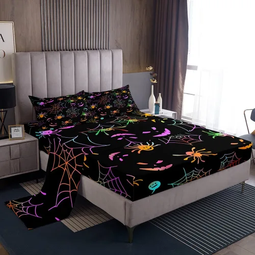 Miniatura 12 de Lindas sábanas de murciélagos tamaño individual, juego de sábanas de Feliz Halloween para niños y niñas, Kawaii cielo estrellado estrellas luna