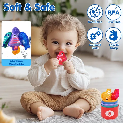 Miniatura 9 de Arovan Juguetes Montessori para niños de 1 año, juego de pesca de tela con tazas apilables, juguetes para niños de un año, regalo de primer