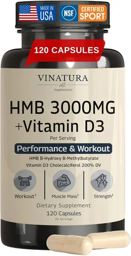 VINATURA Suplemento HMB de 3000 mg y vitamina D3, defensa muscular con HMB (beta-hidroxi beta-metilbutirato), vitamina D3 (1600 UI), fabricado en