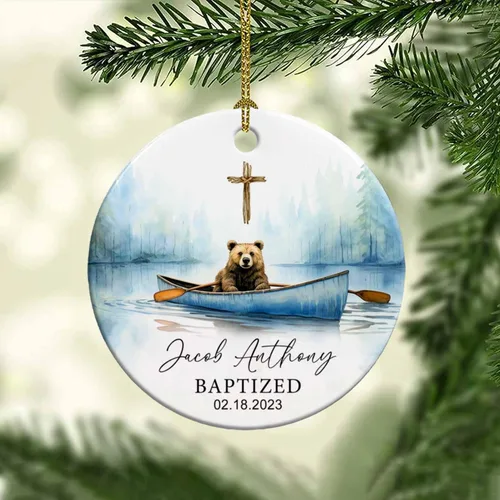 Miniatura 5 de Adorno de cerámica de bautizo bautizado con oso, recuerdo de bautizo personalizado de animales, adorno de bautismo personalizado de Dios bendiga