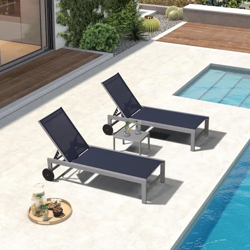 Miniatura 29 de PURPLE LEAF Juego de tumbonas para exteriores para 2 sillas de piscina de gran tamaño con ruedas fáciles de mover y respaldo ajustable, tumbonas