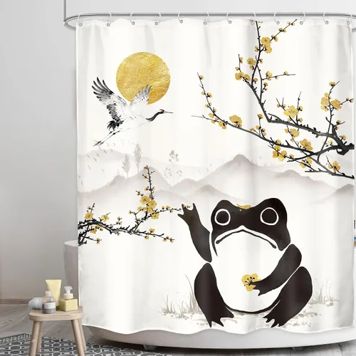 Miniatura 21 de Juego Divertido de Cortina de Rana Retro para Ducha, Juego de Baño 48x71 Pulgadas, Estilo Asiático Lindo, Arte Japonés Tradicional de Pato de Goma