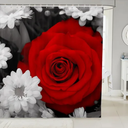 Miniatura 19 de Cortina de ducha con rosas rojas, juego de cortinas de ducha para niñas, mujeres y niños, cortina de ducha de tela impermeable con flores botánicas