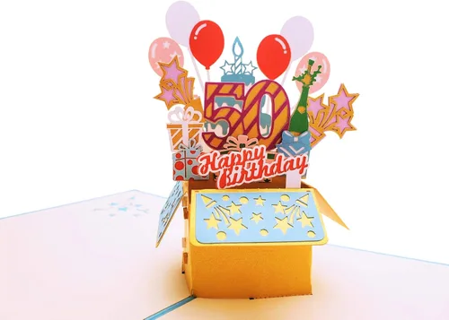 Miniatura 2 de iGifts And Cards Tarjeta de felicitación desplegable 3D con caja de fiesta de cumpleaños número 50 color azul – Cincuenta, impresionante, globos