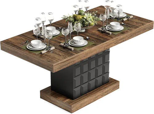 Miniatura 9 de LITTLE TREE Mesa de comedor moderna de 63 pulgadas, mesa rectangular para 4-6, mesa de cocina de granja, base de pedestal de madera resistente