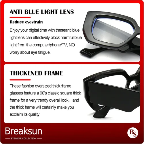 Miniatura 7 de Breaksun - Lentes de luz azul con marco grueso para mujeres y hombres, moda, cuadrados sobredimensionados, gafas de juegos de computadora
