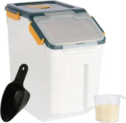 Contenedor de arroz de 25 libras de harina a granel para almacenamiento de azúcar, contenedor de plástico para cereales secos con cuchara y taza