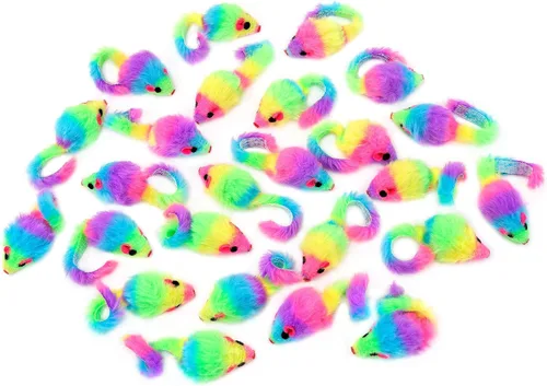 Miniatura 3 de CHIWAVA 36 ratones de juguete de gato peludo de color arcoíris de 1.8 pulgadas con sonajero gatito ratón juego interactivo