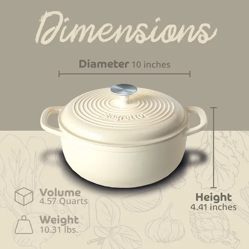 Miniatura 2 de Segretto Cookware Olla Holandesa de Hierro Fundido Esmaltado con Tapa 4.57 Cuartos, Bianco Perla (Blanco Hueso) Horno Holandés Esmaltado Blanco