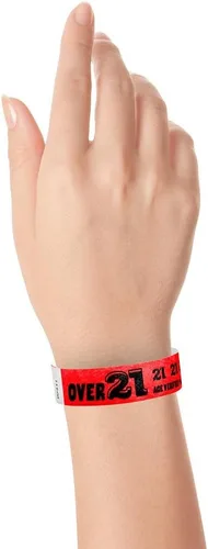 Miniatura 4 de 500 pulseras Tyvek rojo neón WristCo Over 21 para eventos, ¾" x 10", impermeables, reciclables, cómodas, resistentes a desgarros, pulseras de papel