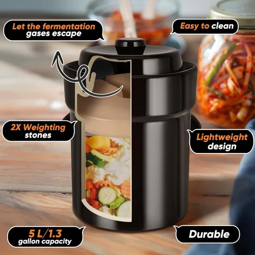 Miniatura 2 de Fermentation Crock 2 Liter / 0.5 Gallon, Sauerkraut Crock with Lid, Weights & Pounder - Ceramic Fermenting Crock Kit for Pickling Cabbage Kimchi
