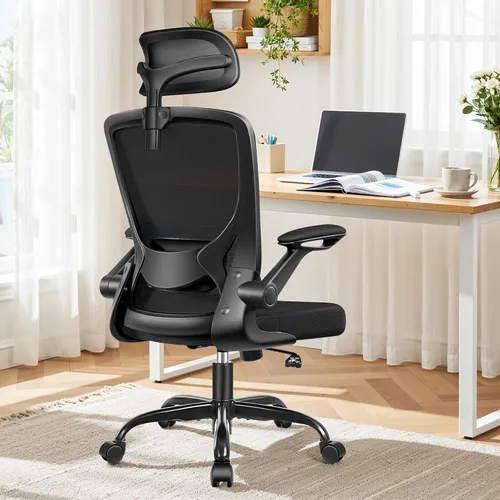 Miniatura 11 de BESTFAIR Silla de oficina ergonómica, sillas de oficina de malla transpirable con soporte lumbar ajustable, brazos abatibles, silla de escritorio