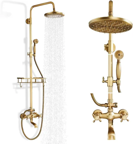 Miniatura 9 de Sistema de ducha de latón antiguo, accesorios de ducha para exteriores con cabezal de ducha de lluvia de 8 pulgadas y asas cruzadas dobles para baño